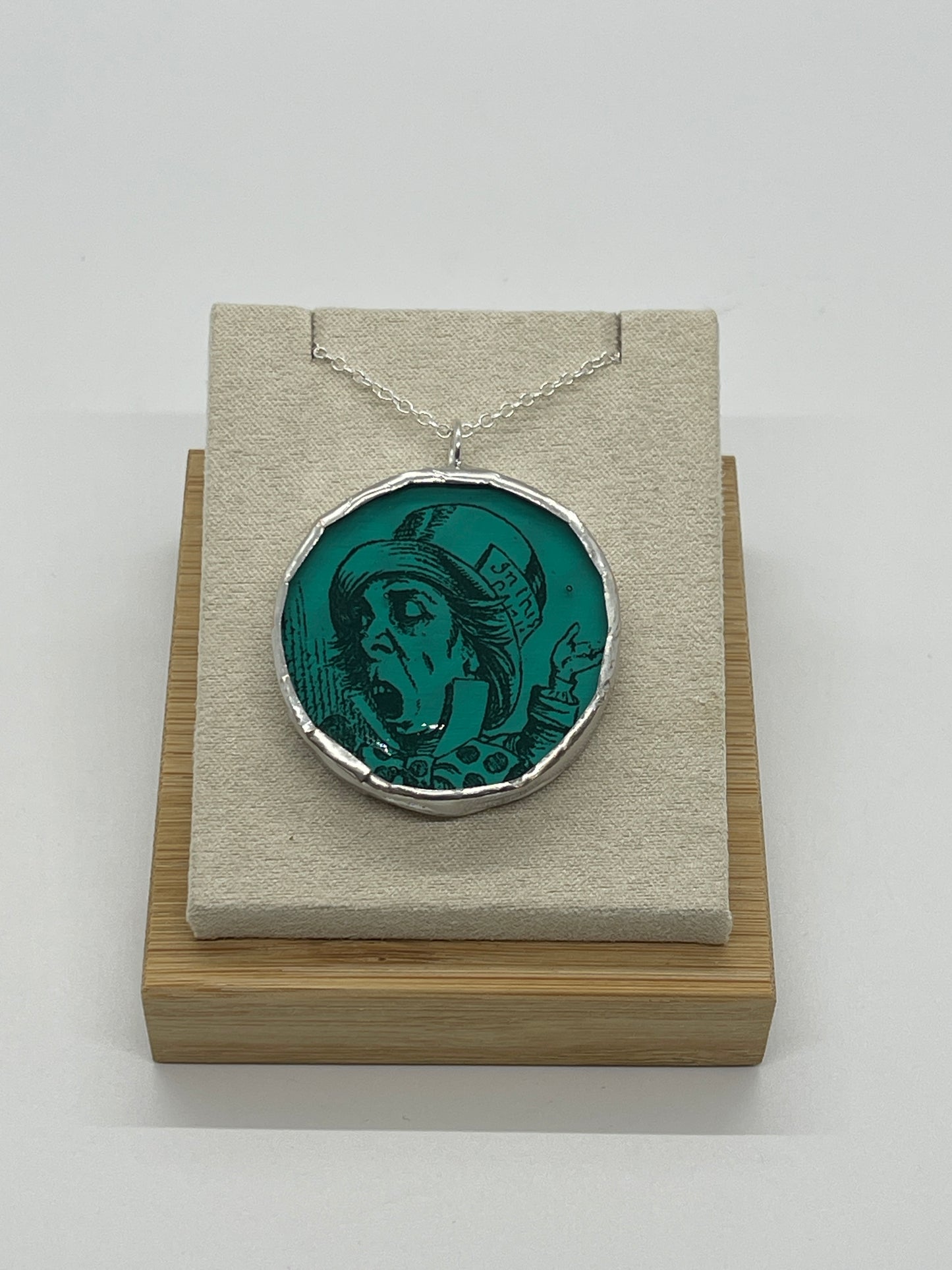 Stained Glass, Literary Necklace: Teal Mad Hatter