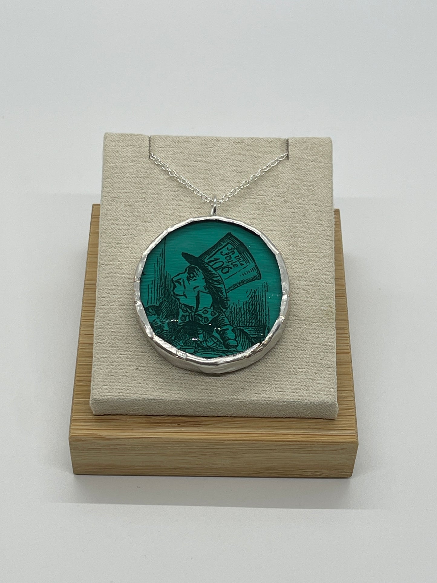 Stained Glass, Literary Necklace: Teal Mad Hatter