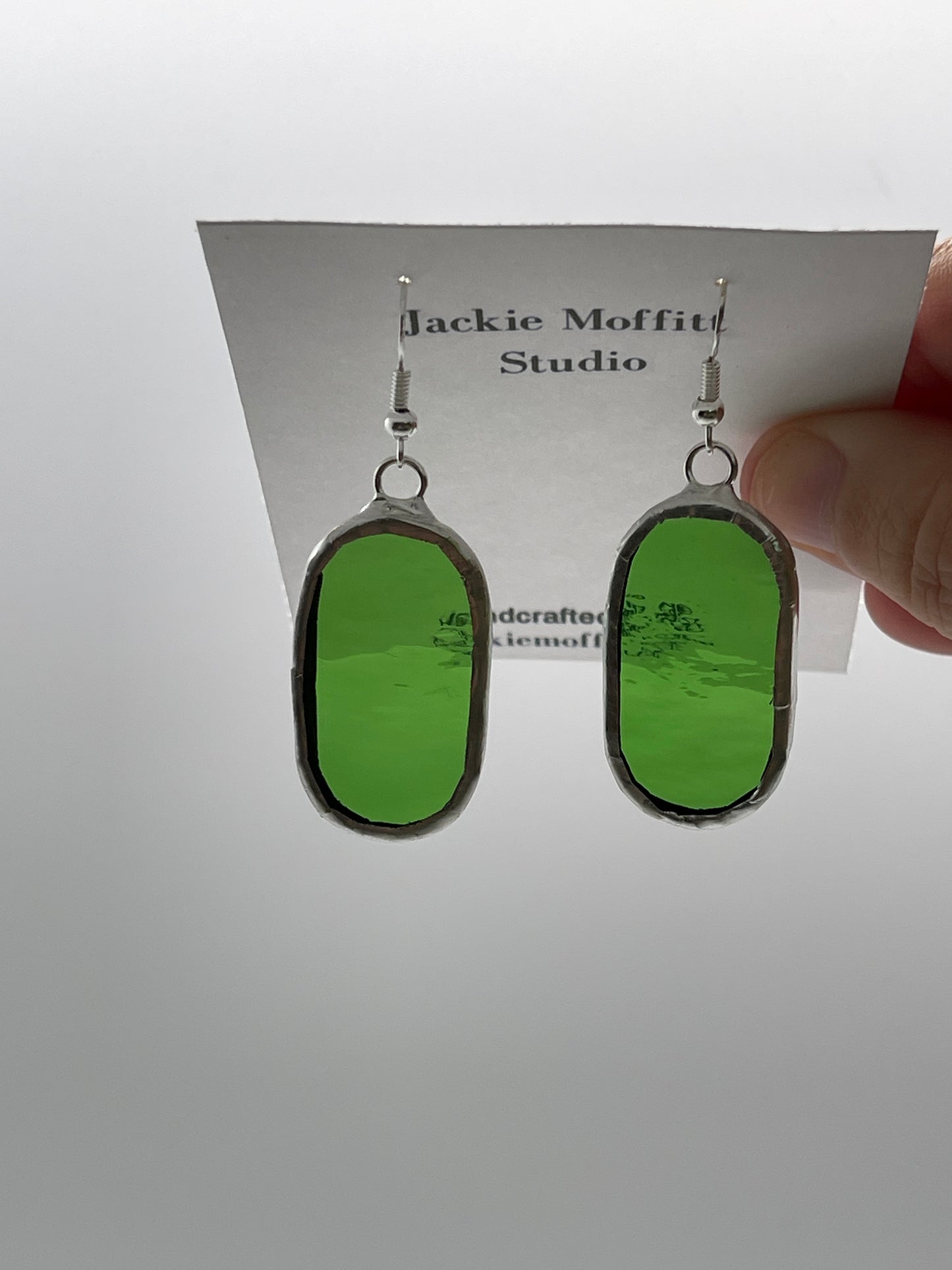 Stained Glass Earrings: Large Oval, Transparent Kelly Green