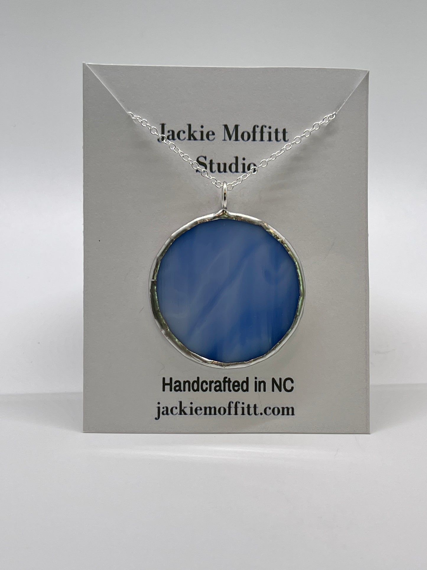 Large Stained Glass Necklace: 1.5” Circle, Opaque Streaky Blue