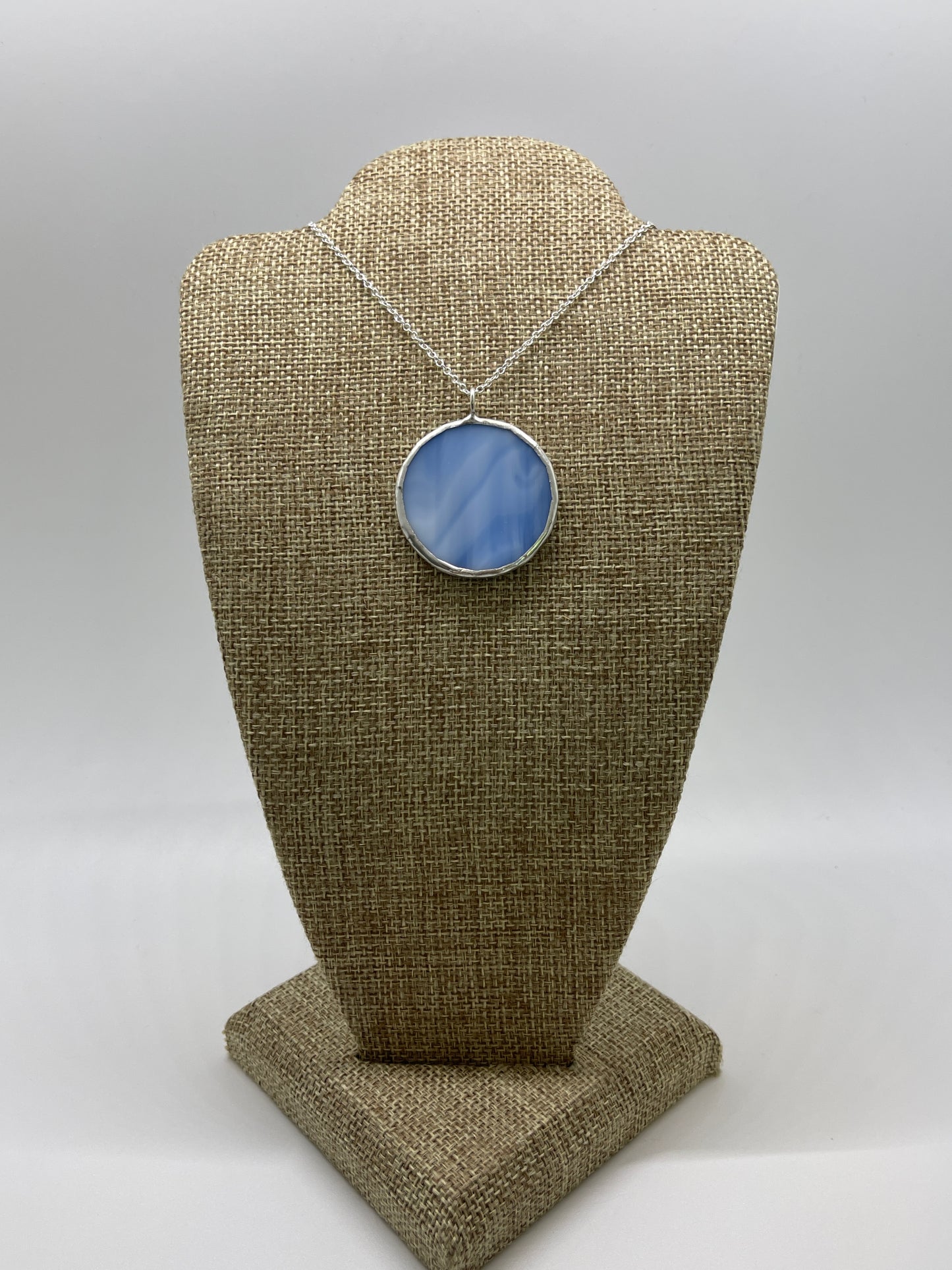 Large Stained Glass Necklace: 1.5” Circle, Opaque Streaky Blue