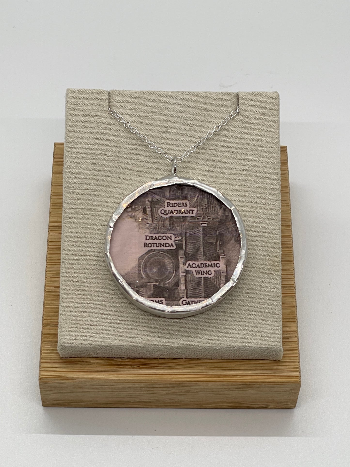 Stained Glass Literary Necklace: Fourth Wing, Pink, Map