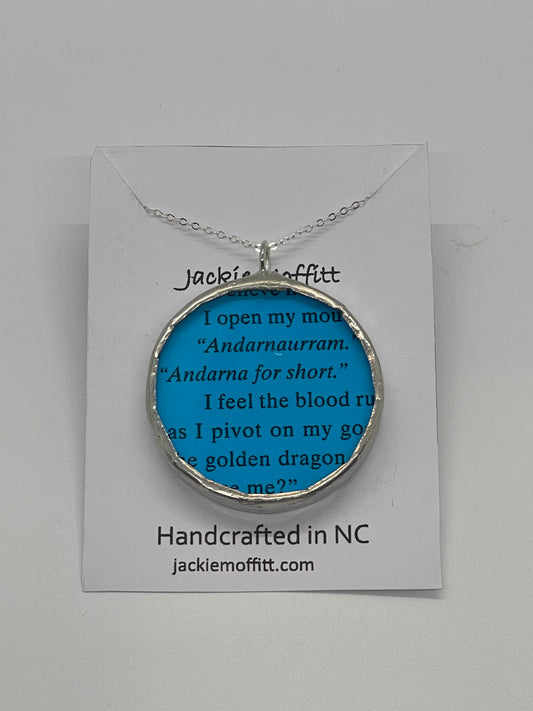 Stained Glass Literary Necklace: Fourth Wing, Blue, Andarna