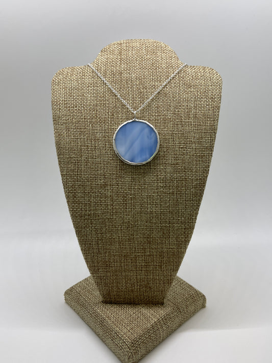 Large Stained Glass Necklace: 1.5” Circle, Opaque Streaky Blue